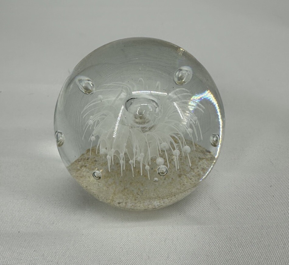 Paperweight Art Glass Sphere With Controlled Bubbles White & Clear 3” Jellyfish