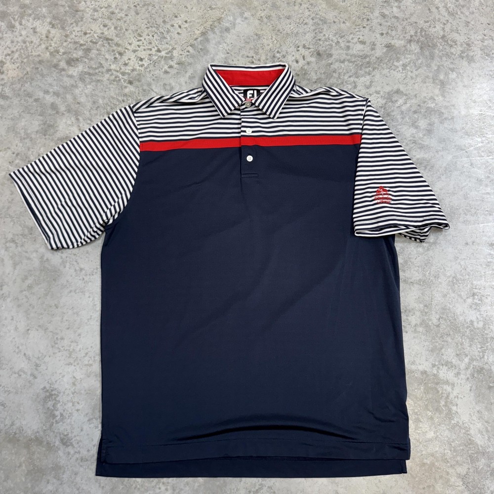 FootJoy Polo Shirt Mens XL Blue Navy Stripe Kinderlou Forest Golf Performance