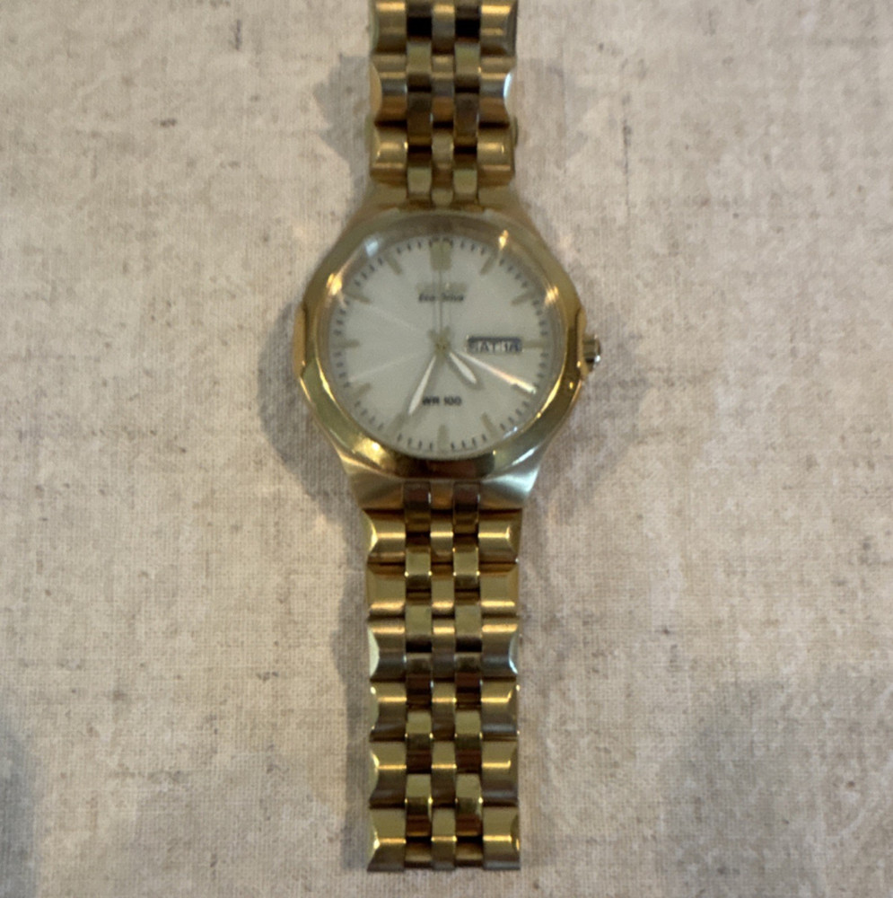 Citizen Eco-Drive Men's Gold Metal Bracelet Watch Analog Day/Date Automatic 100m