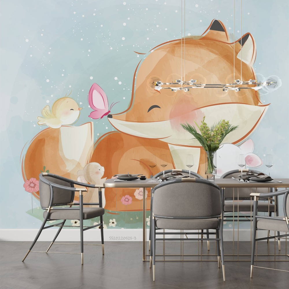 3D Fox Rabbit Bird Cartoon Watercolor Wall Murals Wallpaper Murals Wall Sticker