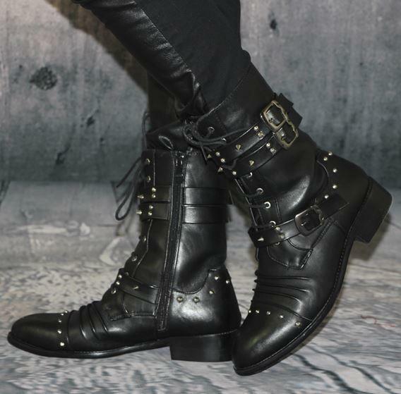 Men's Studded Pointy Toe Ankle Boots with Zip Buckle and Lace-Up Design