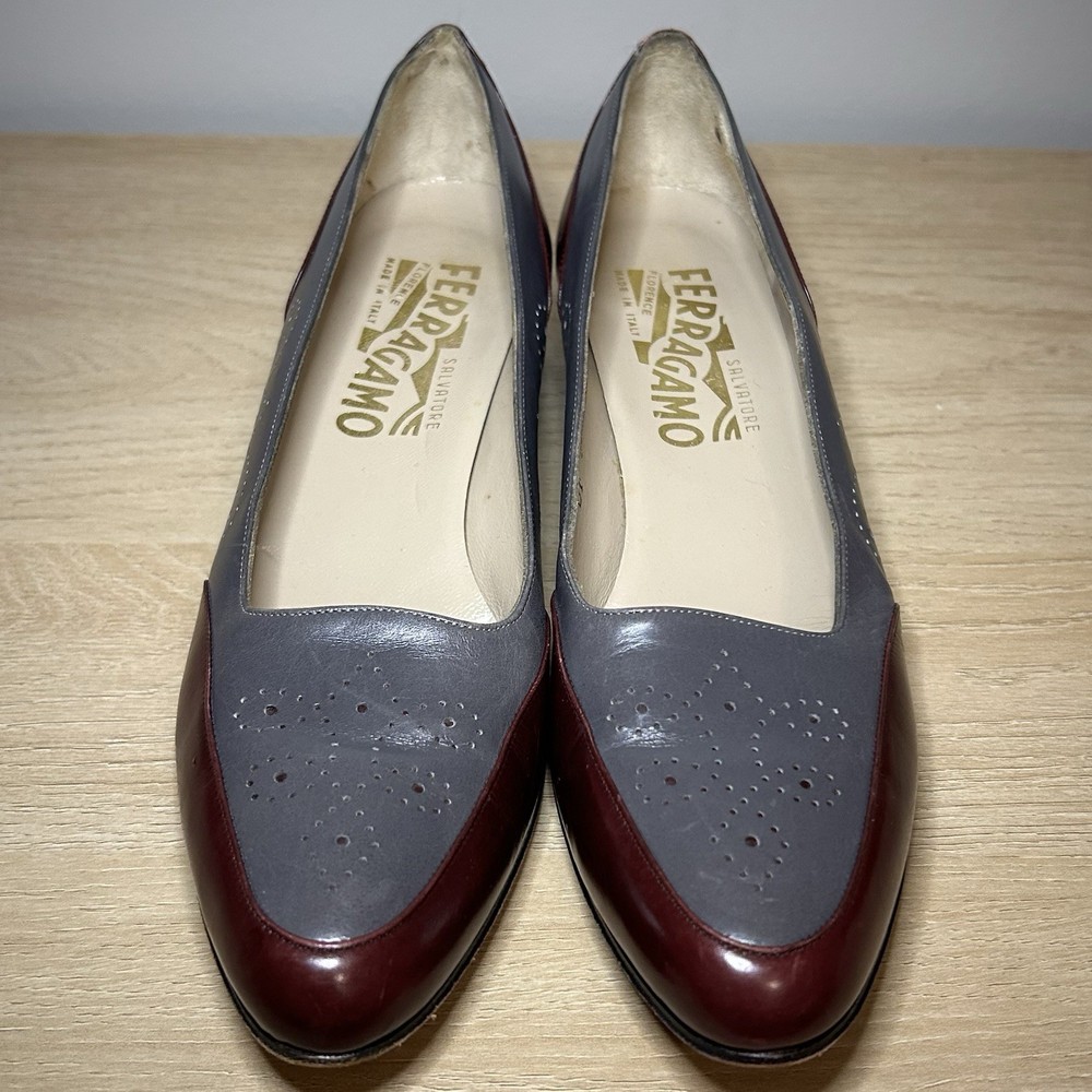 Salvatore Ferragamo Brogue Pattern Gray and Burgundy Leather Loafers
