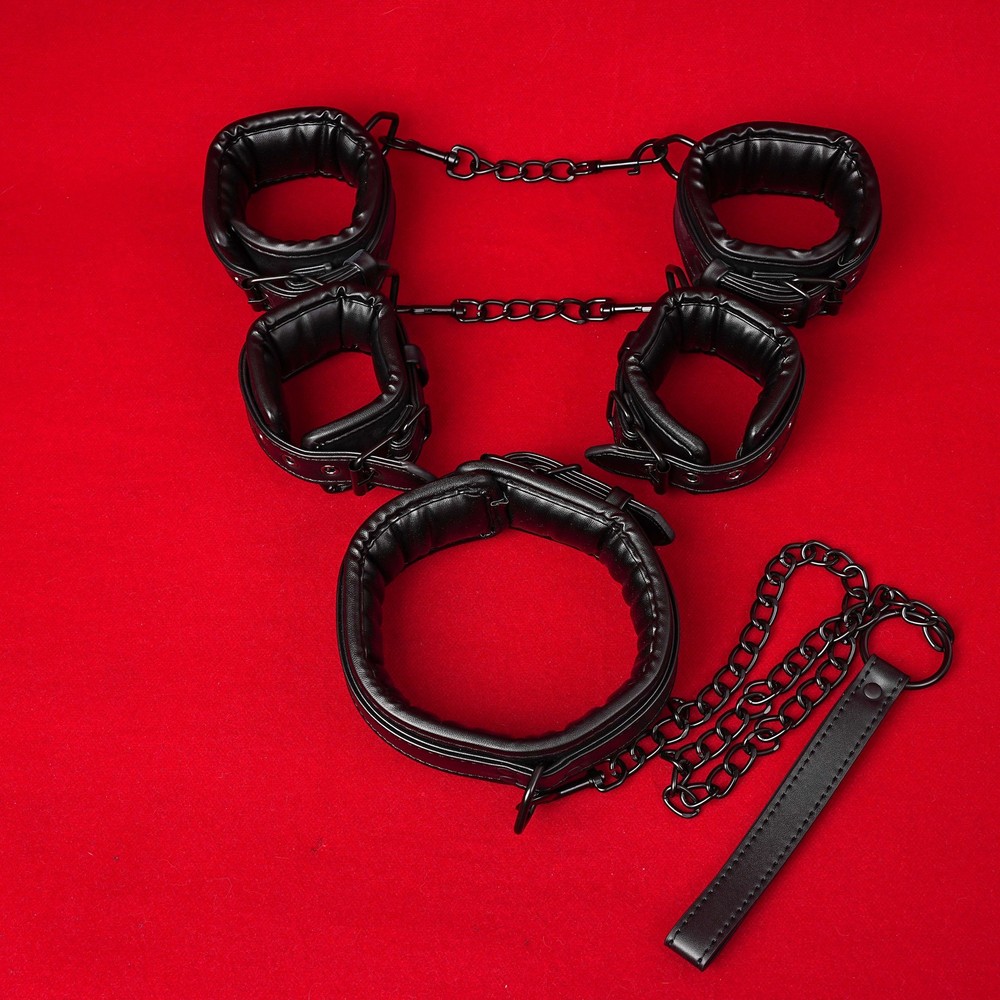 PU Leather Handcuffs Ankle Cuffs Neck Collar Restraint Set Slave Roleplay Couple