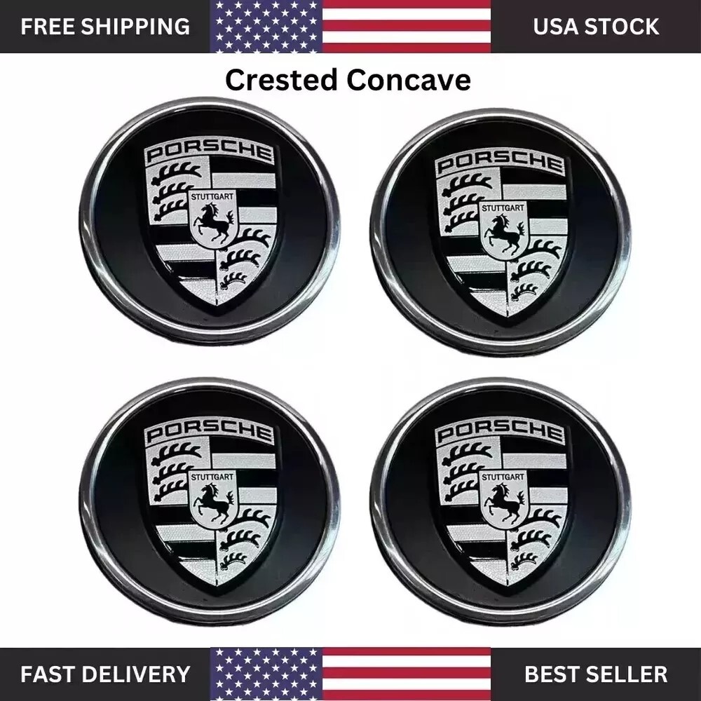 Pack of 4 Porsche Crest logo Concave Wheel Center Cap Set in Silver/Black 76 MM