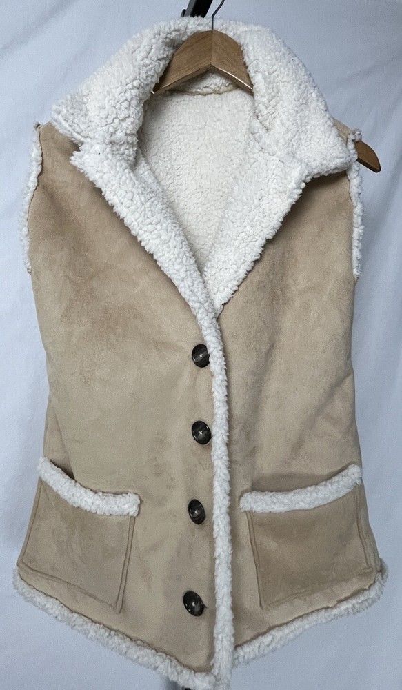 Sherpa Vest Small Faux Shearling Suede Fleece Pockets Button Front Natural Beige