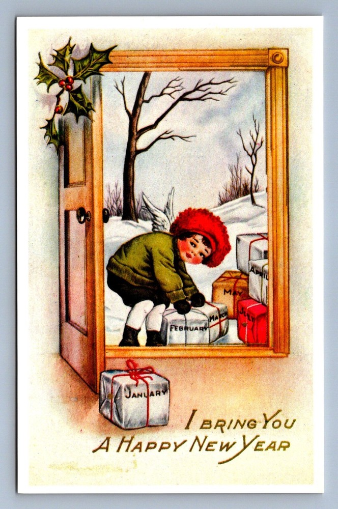 Postcard Vtg Reproduction New Year's Holiday Celebration Packages Angel