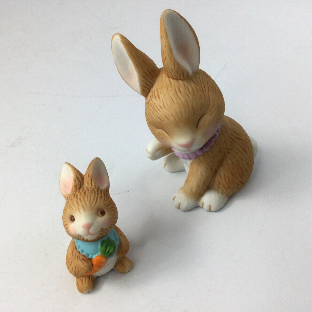 Avon Vintage Small Ceramic Figurines Bunnies Brown White Mother Baby Set