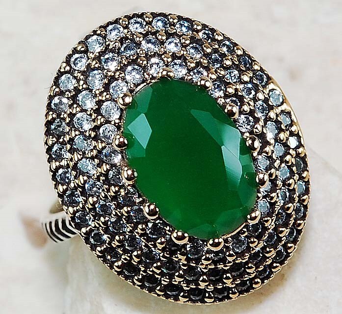 Turkish-Inspired 3CT Treated Emerald 925 Sterling Silver Ring Size 8.5 HB3-9