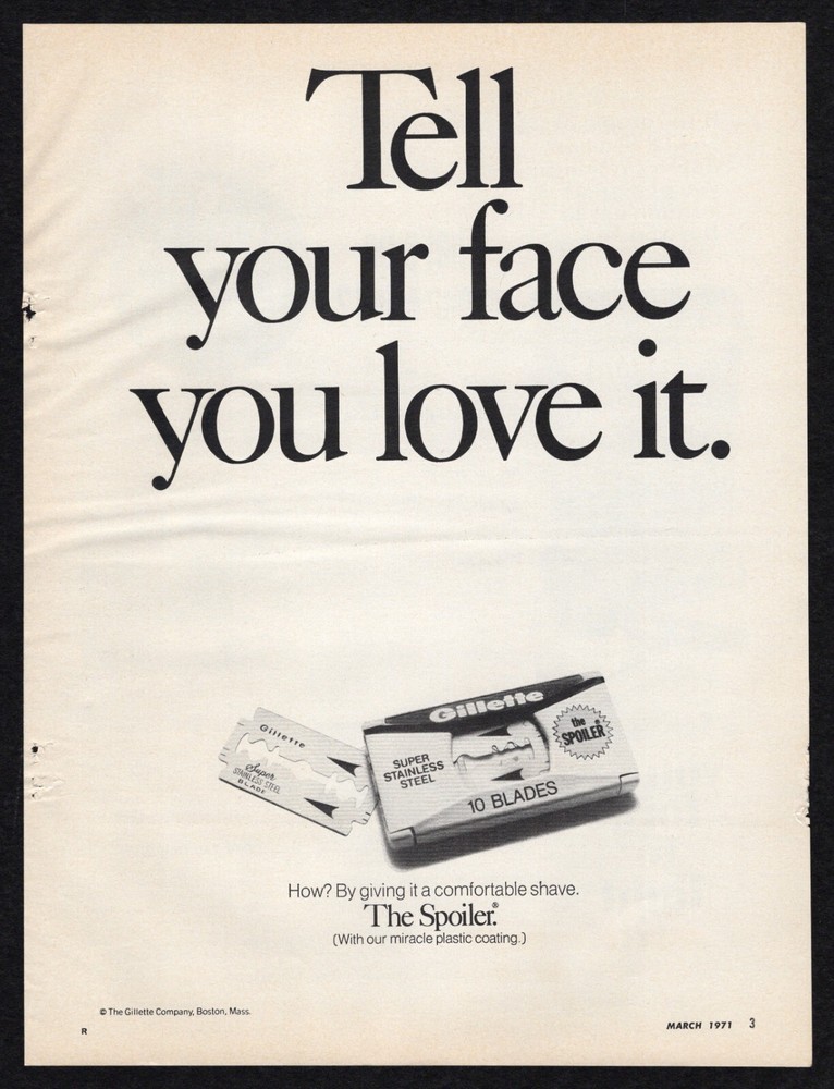 1963 Gillette Super Stainless Steel Love Face Comfortable Shave Spoiler Print Ad