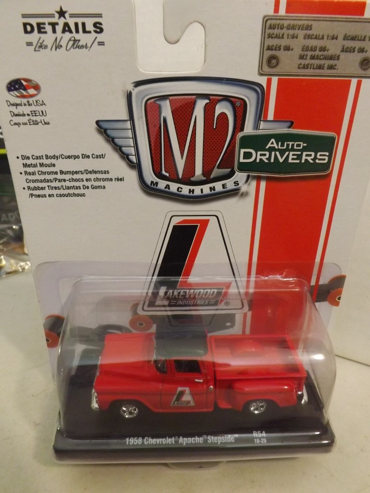 2018 M2 Auto-Drivers Lakewood Red 1958 Chevy Apache Stepside Model R54 Scale 1:18-29