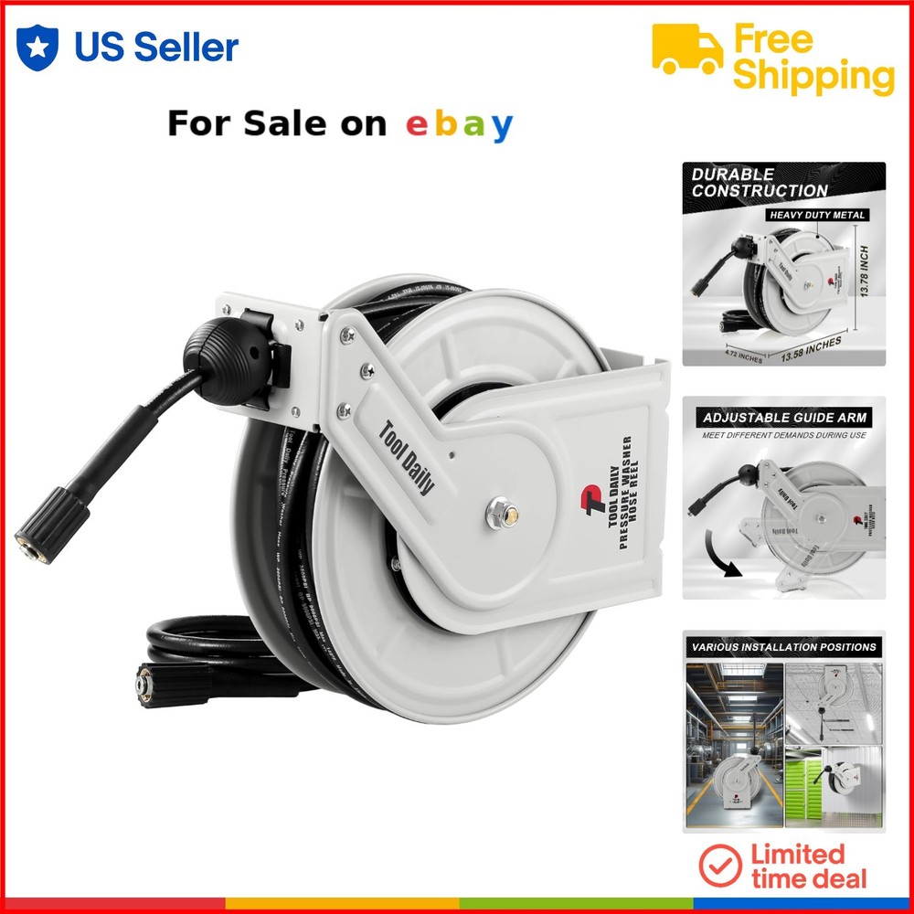 60 FT Heavy Duty Retractable Pressure Washer Hose Reel 3600 PSI Auto Rewind Metal