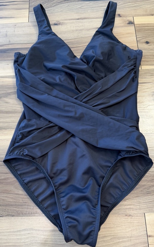 Miraclesuit Swimsuit Womens 12 Black One Piece Wrap Front Ruched Tummy Control