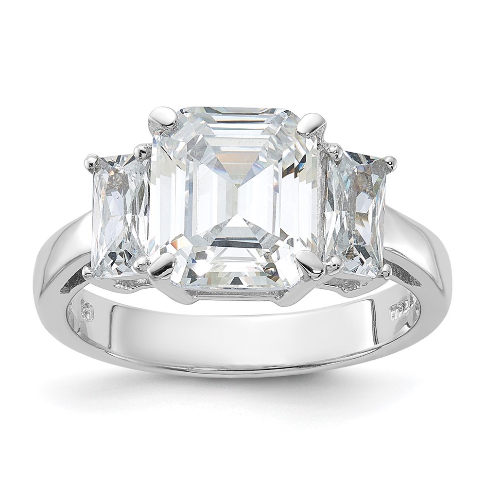 Sterling Silver Rhodium-plated Emerald-cut Cubic Zirconia 3-stone Ring Size 7