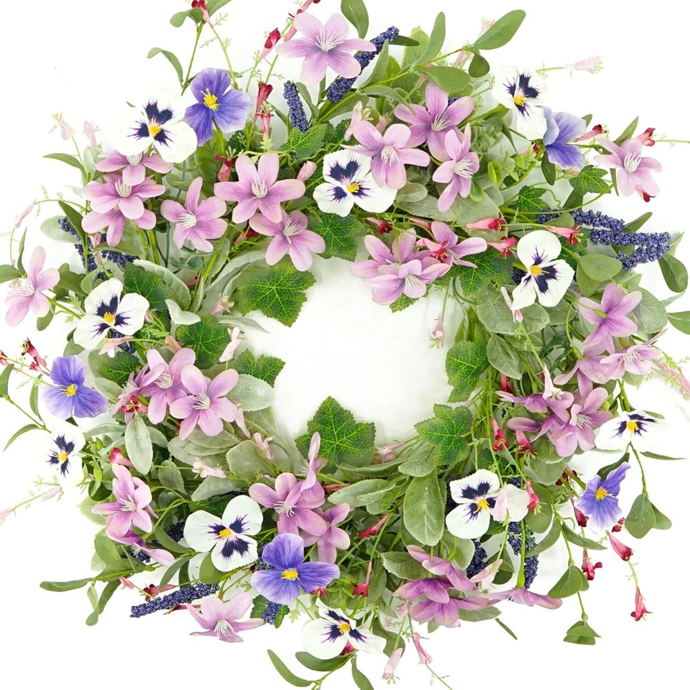 Spring Wreath for Front Door with Pansy Flowers and Lamb Ear Leaves