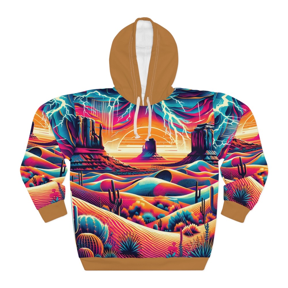Desert-Inspired Hoodie with Psychedelic Sunset and Abstract Patterns