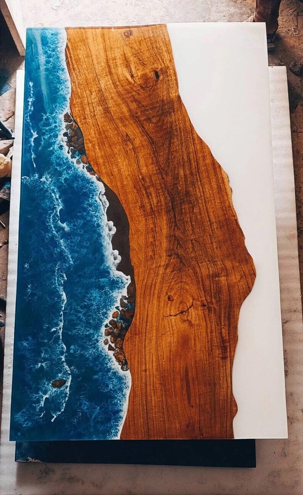 Epoxy Blue Resin River Center Restaurant Table Acacia Wooden Design Table Decors