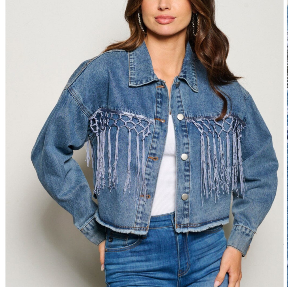 Just In-HOWDY Blue Jean Denim Jacket Sequins & Fringe  Button Front-Small