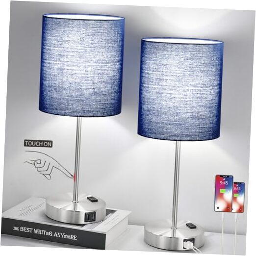 ???? ??? Set of 2 Touch Control Table Lamps Navy & Brushed Nickel(Base)