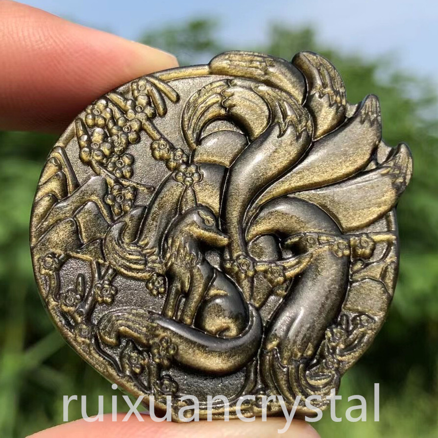 Hand Carved Natural Gold Obsidian Quartz Fox Skull Crystal for Reiki Healing