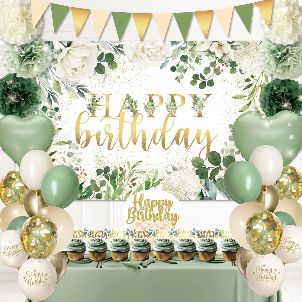 Elegant Happy Birthday Decorations with Backdrop, Banner, Balloons, and Table Decor for Women & Men