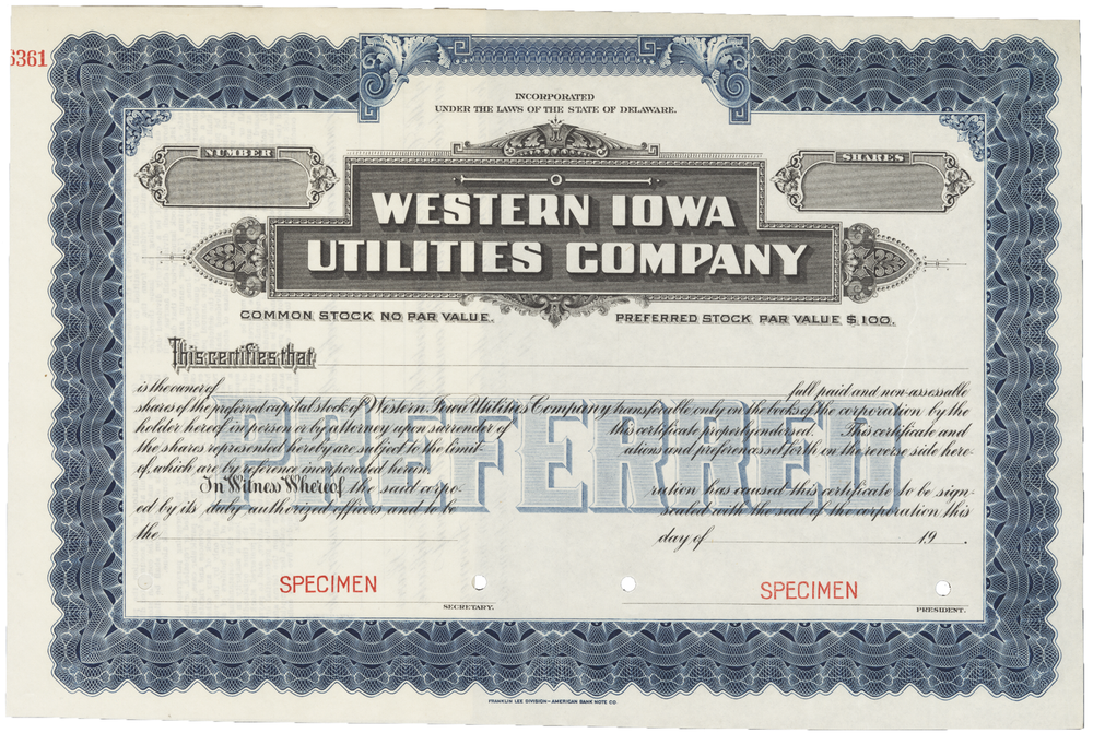 Western Iowa Utilities Company. Stock Certificate.