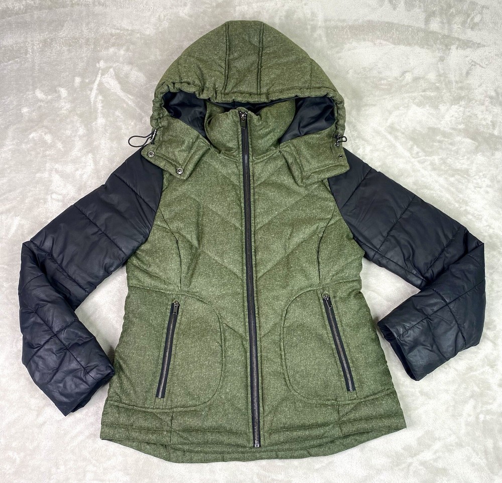 METAPHOR Green Herringbone/Black Quilted Insulated Hooded Zip Jacket Puffer Sz.S