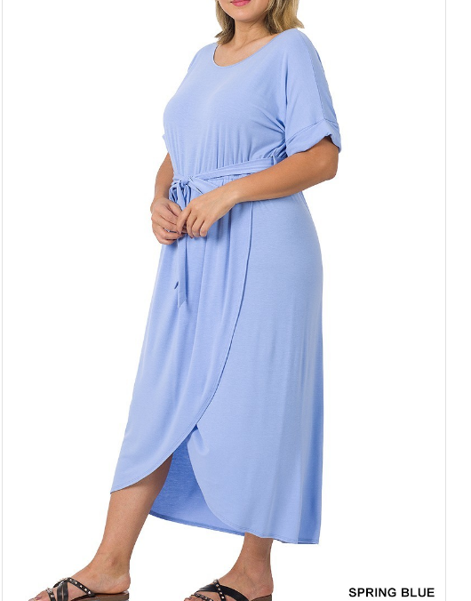 Zenana 2X Soft Stretch Jersey Belted Raglan Short Sleeve Tulip Long Dress Blue