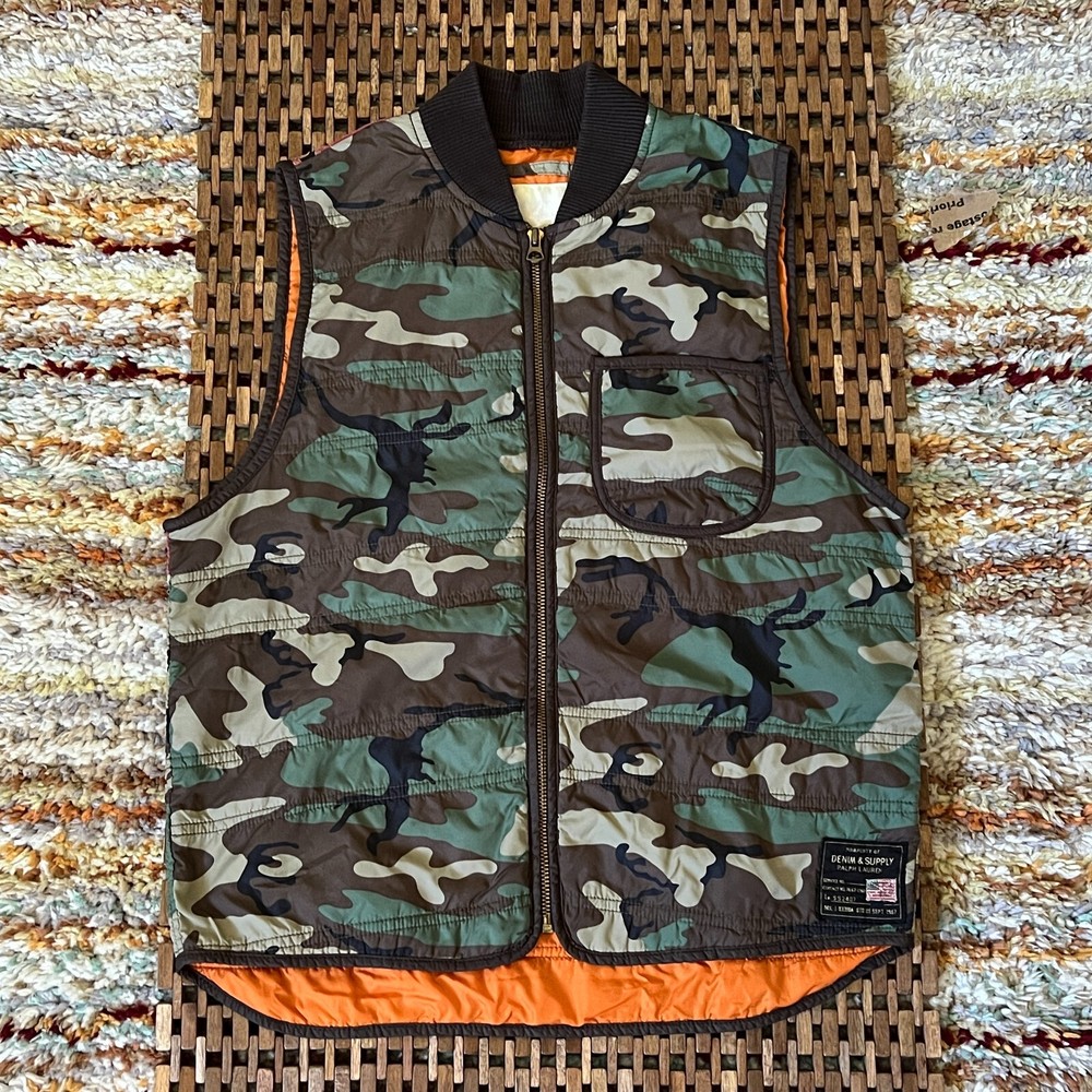 Ralph Lauren Denim & Supply Green Camo USA Flag Down Puffer Vest Size S