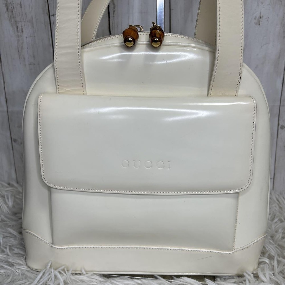 Gucci Bamboo Tote Bag Shoulder Embossed Logo Enamel Used