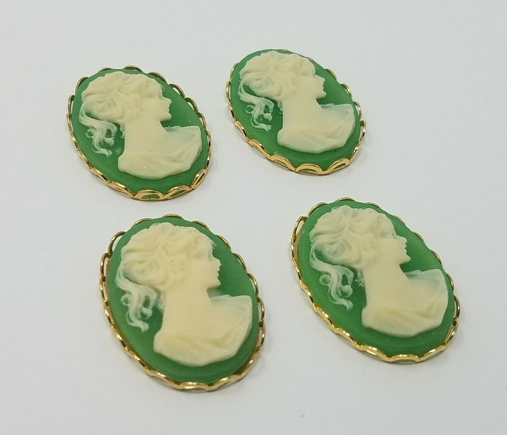4 pcs 25mm VTG Green Victorian Lady Craft Jewelry Cameos Gold Filigree Settings
