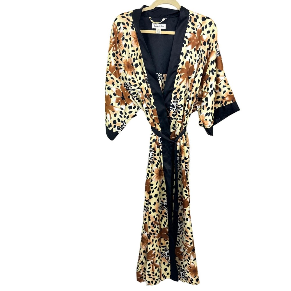 Contessa Di Roma Womens Vintage Size L Animal Print Floral Satin Long Robe Black