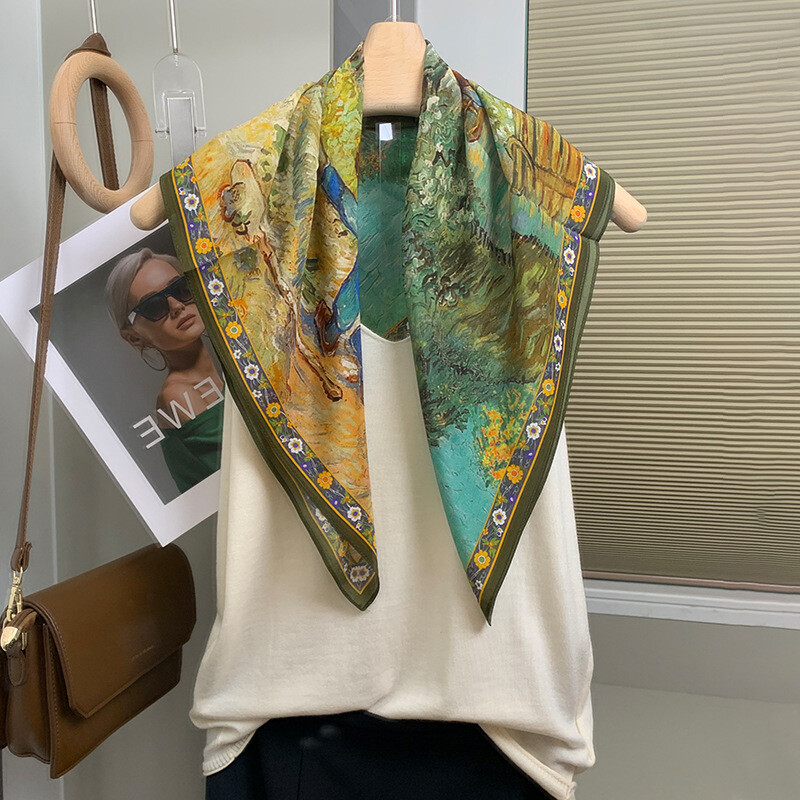 New Boutique 100% Crepe De Chine Silk Printing Hand Rolled Collar Scarf 70cm