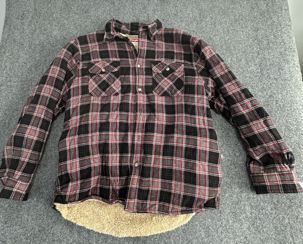 Men's Wrangler Shacket Authentic Plaid Flannel Button Large Sherpa Fleece Lined
