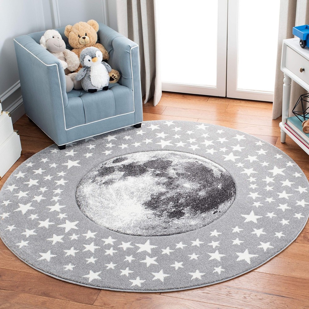 Kids' Carousel Round Area Rug - 8ft Light Grey & White Non-Shedding Soft Playroom Rug