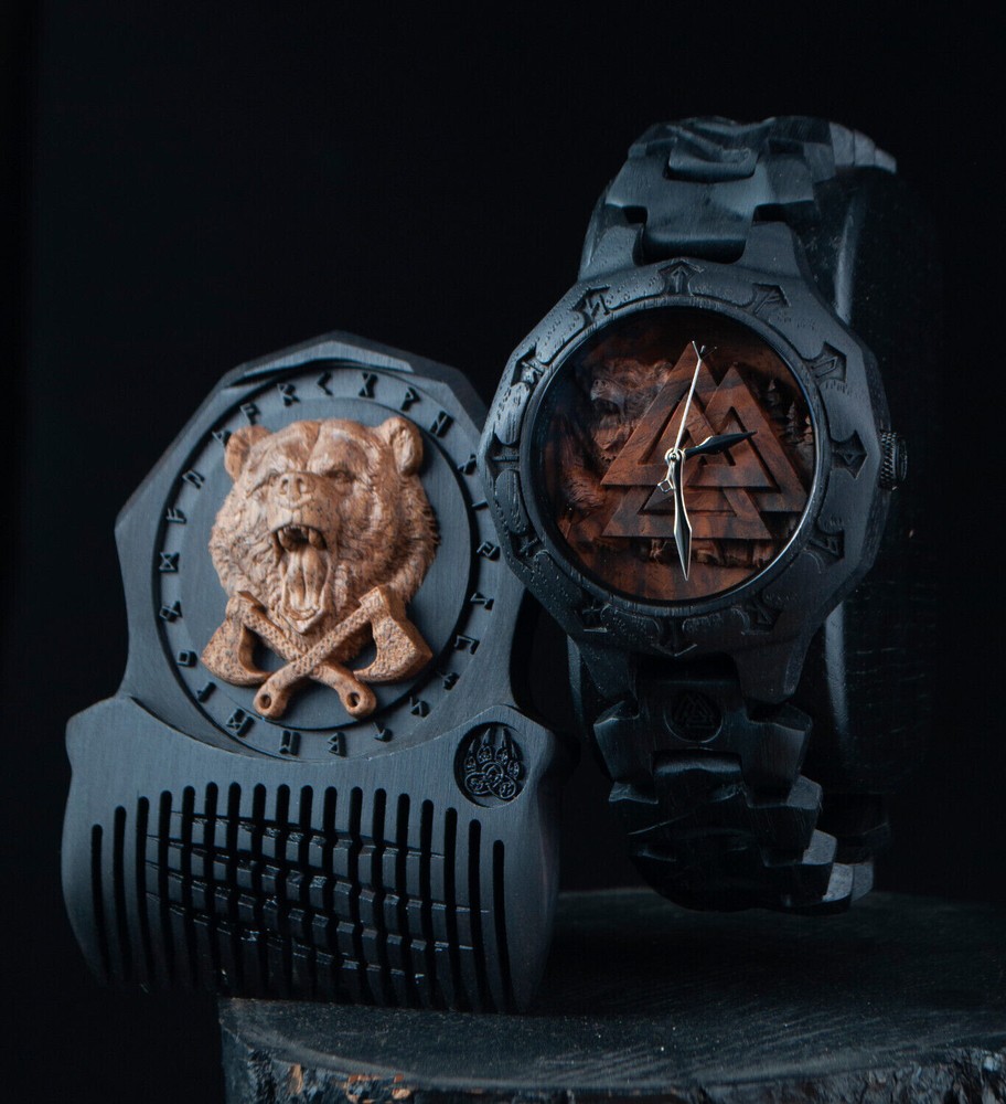 Gift set for men Wooden Handcrafted Viking watch with bog beard comb