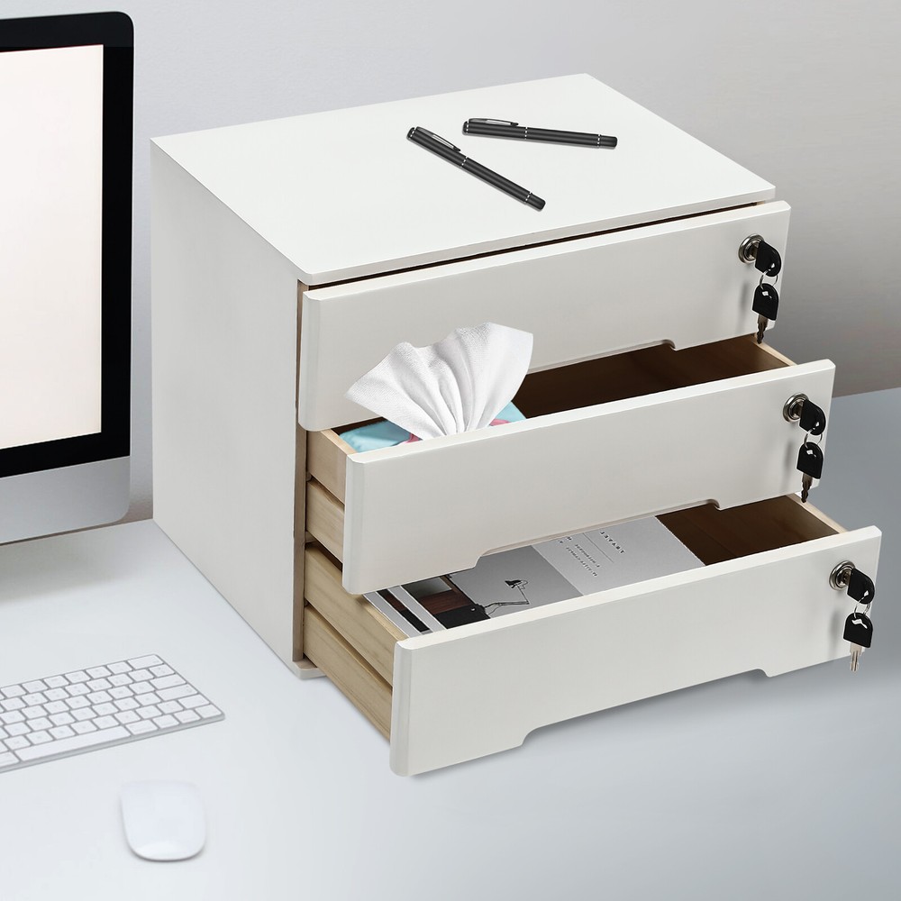 3-Tier White Wooden Desktop Storage Drawer Cabinet with Lockable File Organizer