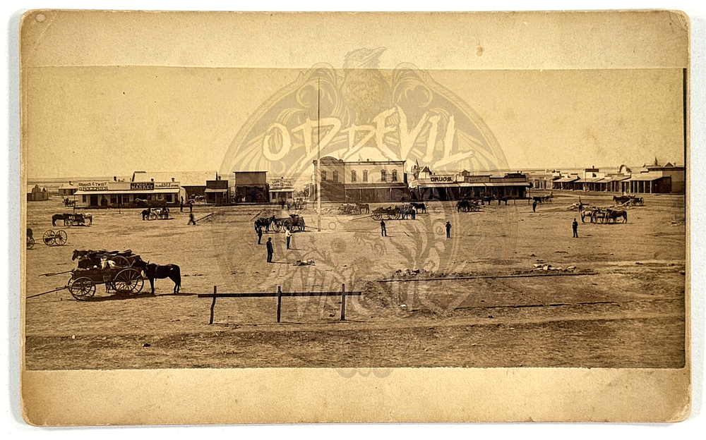 1880s Meade Kansas KS RARE View OLD WEST cowboys drugs horse town photo