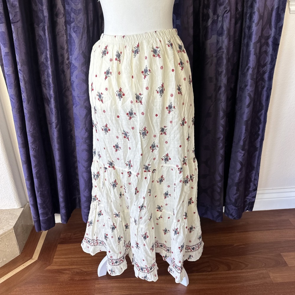 NWTs ($118) Max Studio Ivory Maxi Skirt Elastic Waist Red/Blue Flowers Size L