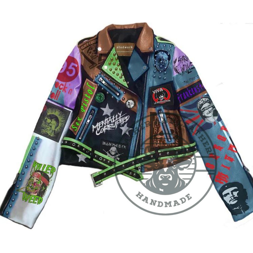 Men's Punk Rock Guevara Gothic Leather Jacket with Killer Weed Patches