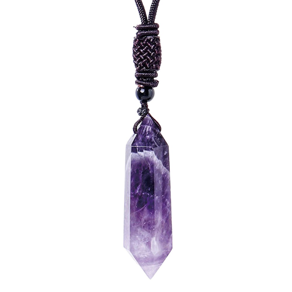 Natural Amethyst Crystal Hexagonal Point Pendant Healing Reiki Amulet Necklace