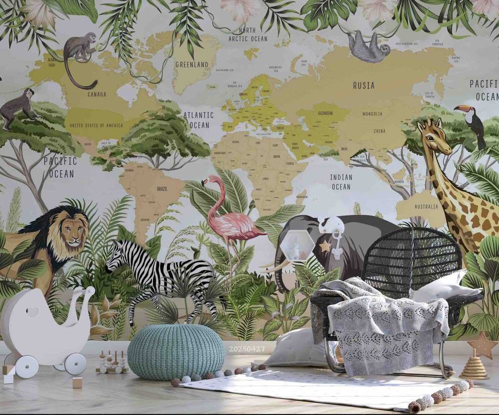 3D Jungle Animals World Map Wall Murals Wallpaper Murals Wall Sticker
