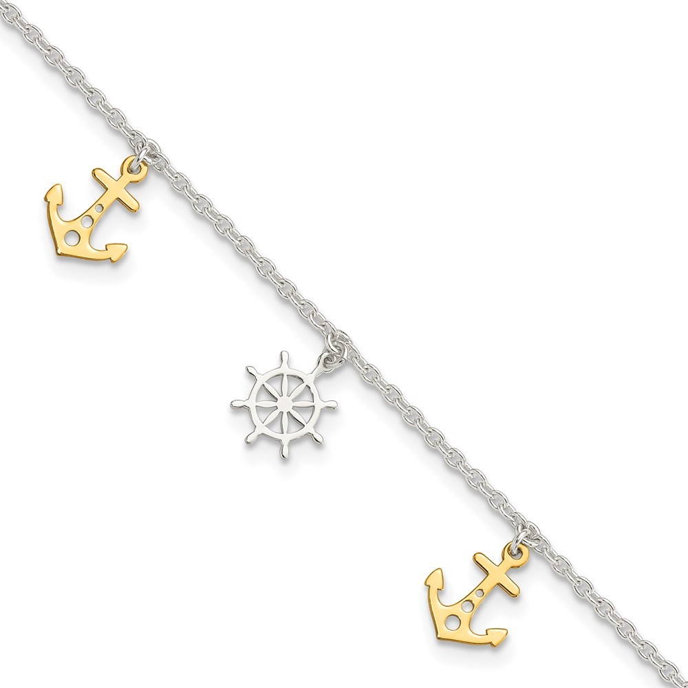 Sterling Silver Gold-Tone Anchor & Ship Wheel Anklet 9 Inch with 1 Extender 2.43g