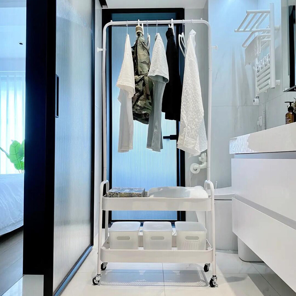 2-Tier Metal Rolling Garment Rack with Storage Basket Organizer  