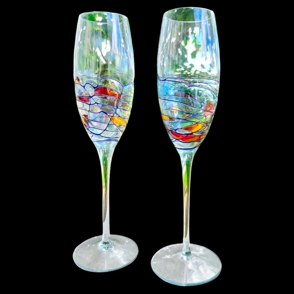 7 Champagne Flutes Wine Glasses Stain Milano Mosaic La Fleur Monarch Romania