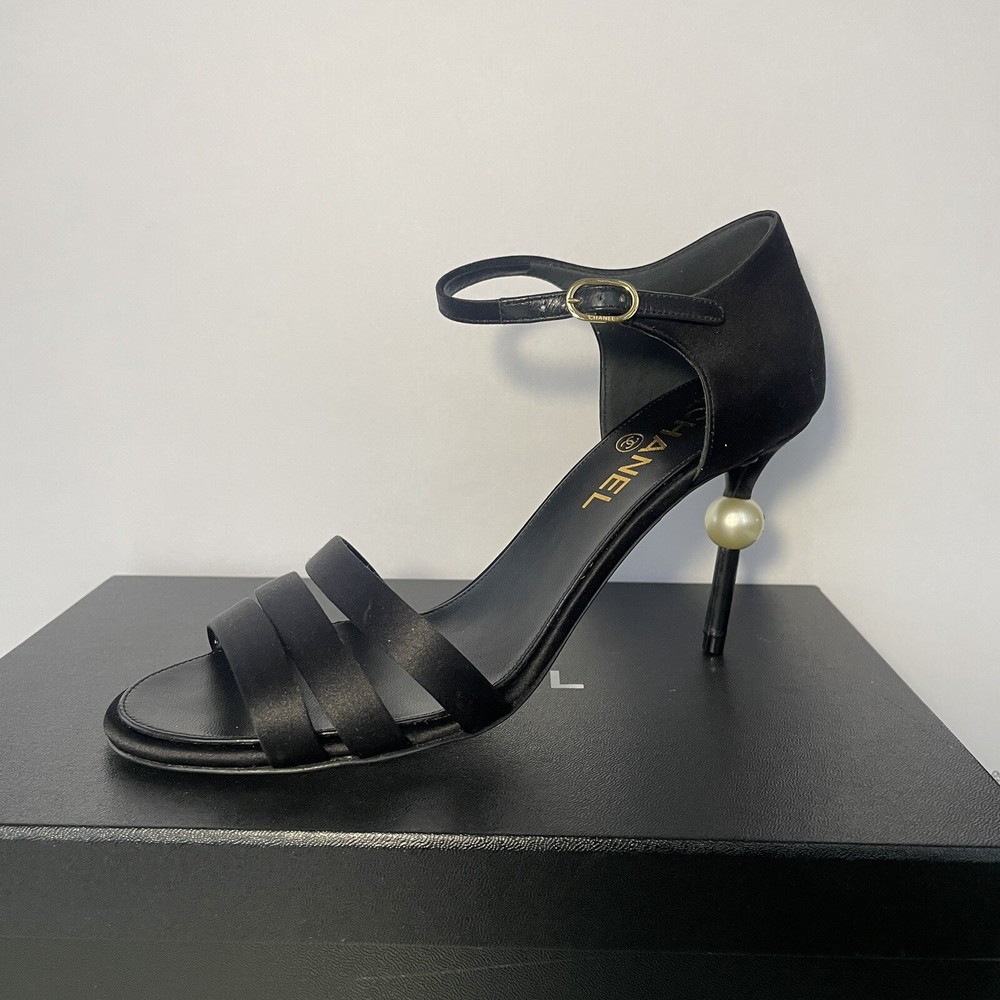 Chanel Shoes Open Toe black size 39 fit 8-8.5 US pearl heel sandal strap