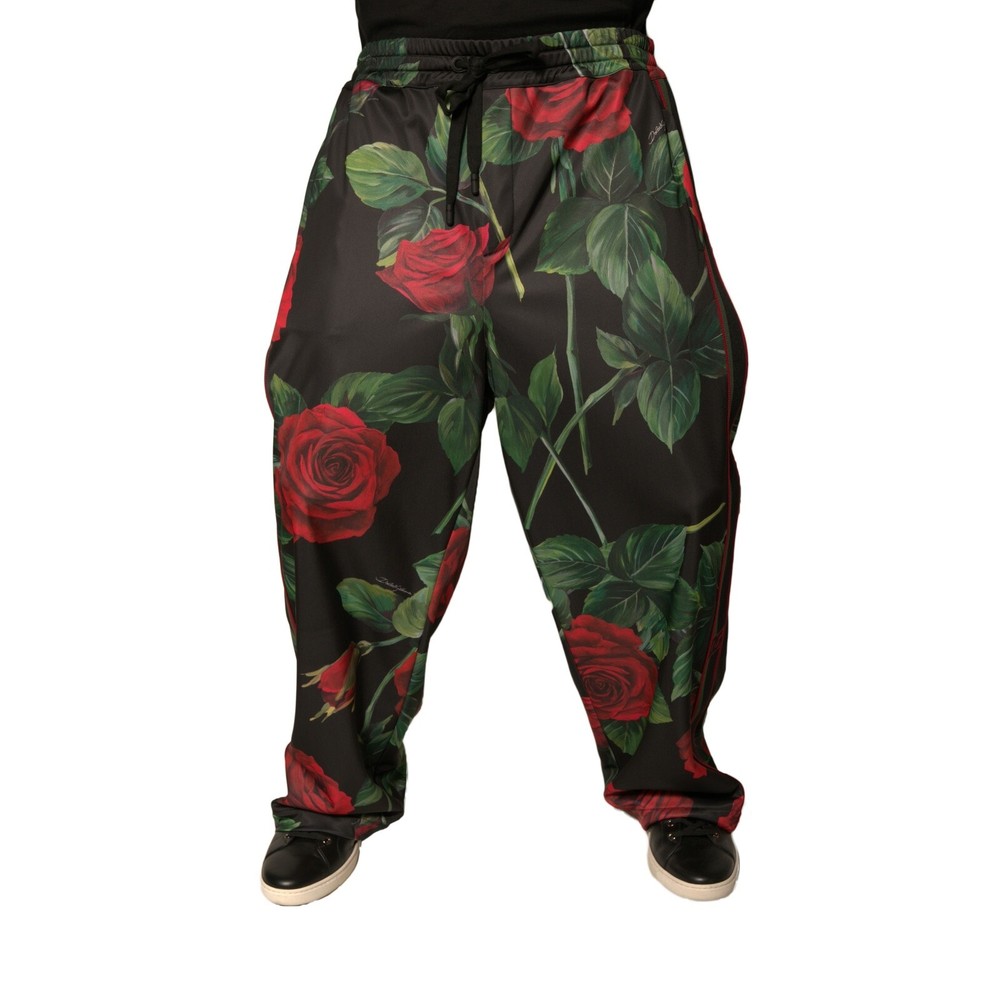 DOLCE & GABBANA Pants Black Floral Polyester Jogger Sweatpants Men IT56/W42/XXL