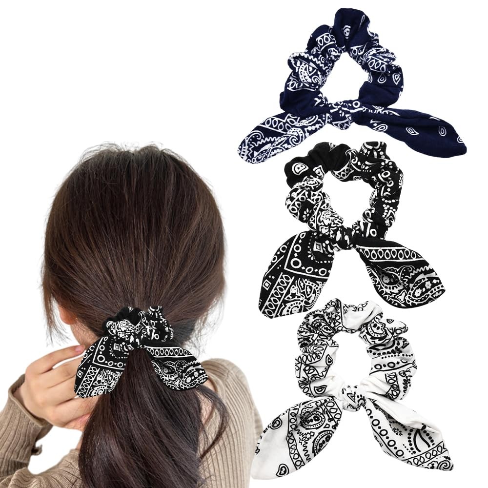 Scrunchy Hair Ties Bandana Hair Bow Ribbons for Women Bunny Ear Scrunchies fo...