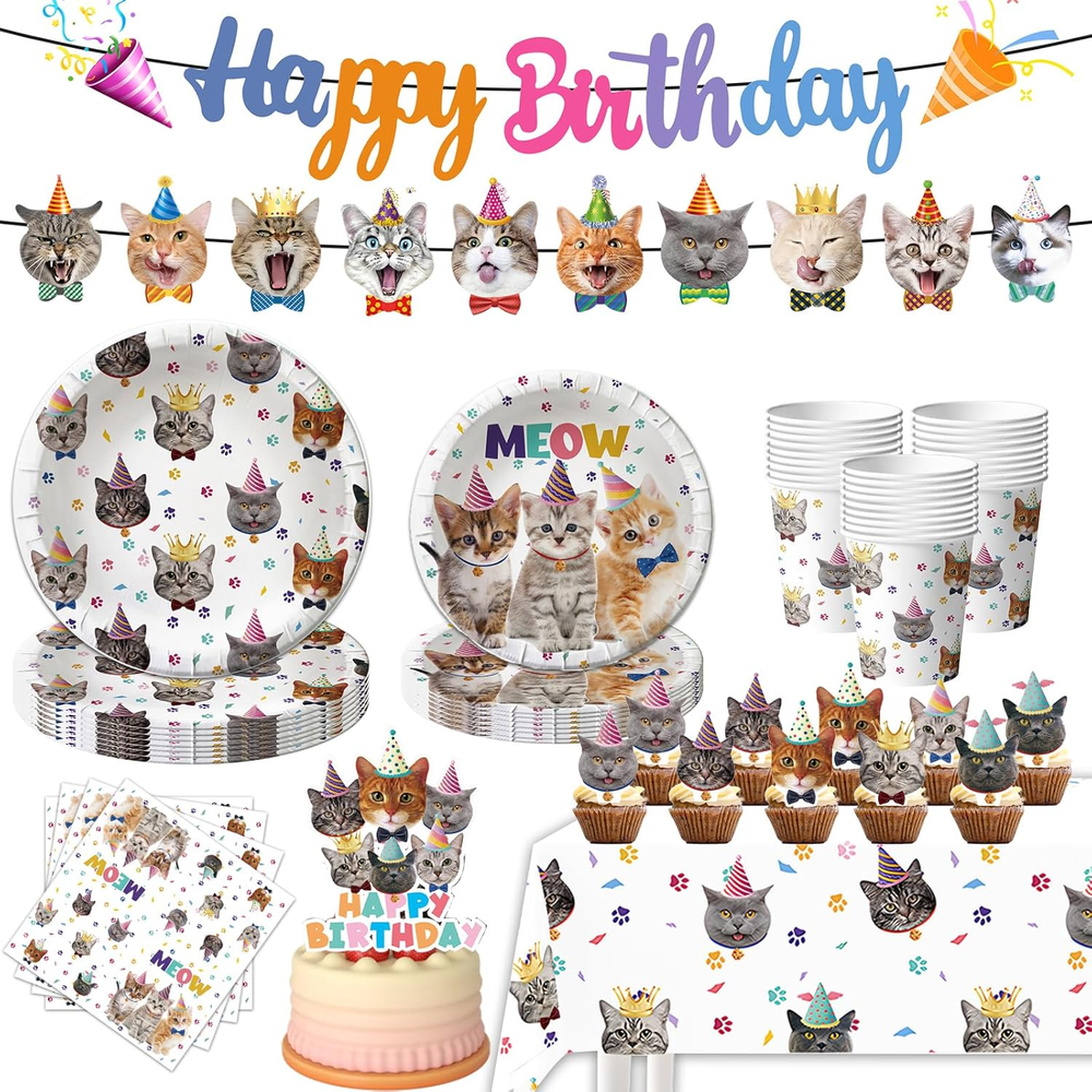 123PCS Cat Birthday Decorations,Cat Party Decorations Cat Birthday Plates Cups N