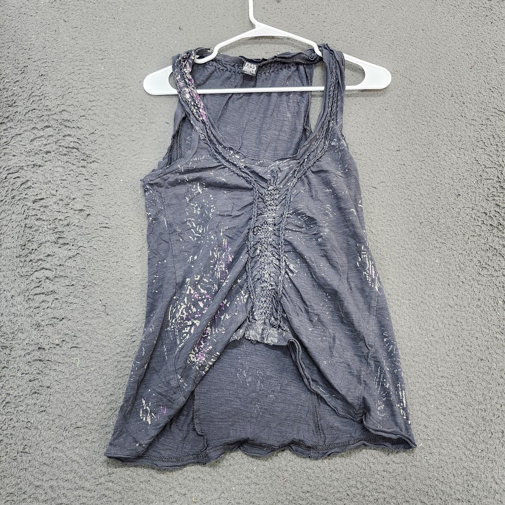Free People Tank Womens Small Gray Braided Front Sleeveless Boho Tunic Top