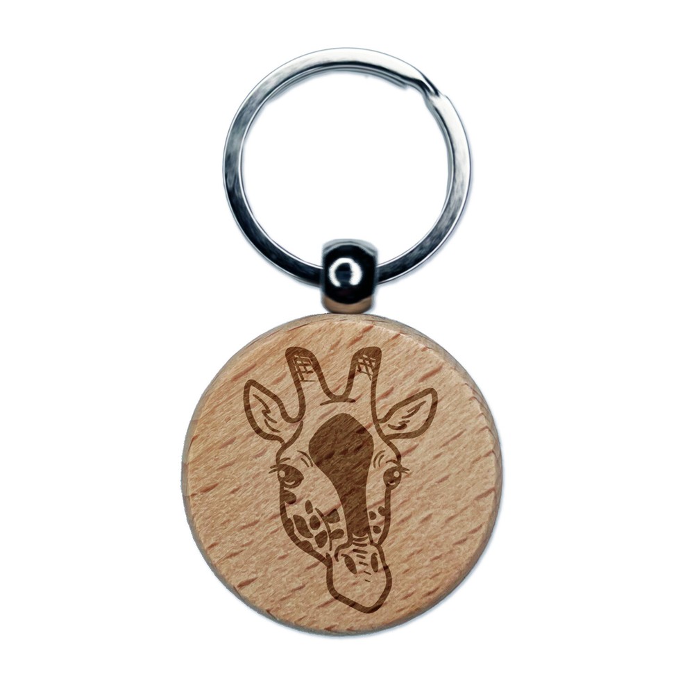 African Giraffe Head Engraved Wood Round Keychain Tag Charm